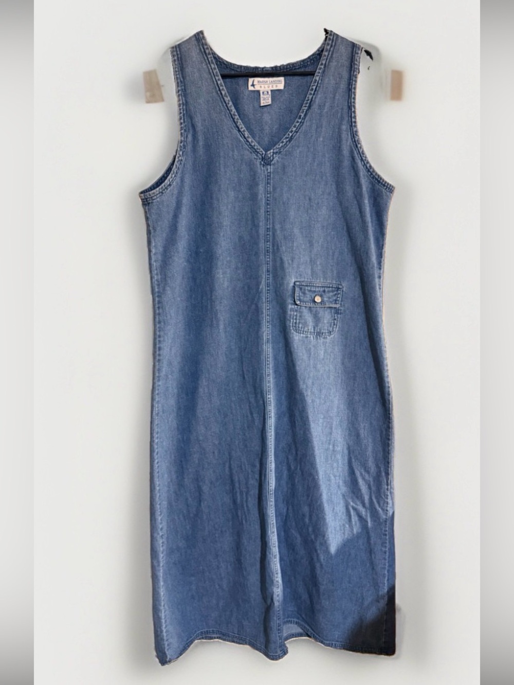 Vtg 90s Marsh‎ Landing Blues Denim Sleeveless Maxi Dress Jumper L